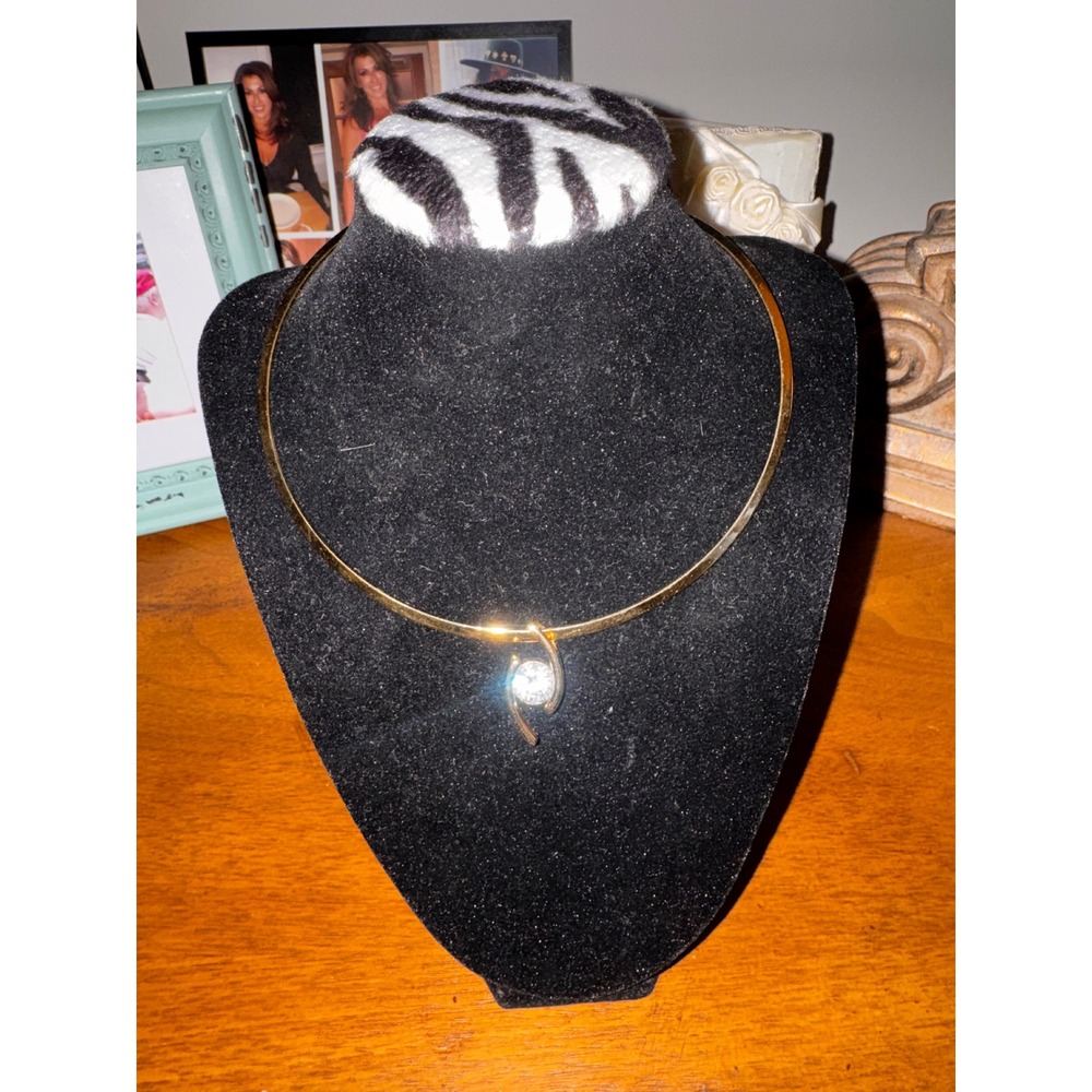 Gold Tone‎ Torque Collar Choker Necklace with Swirl Crystal Slider Pendant